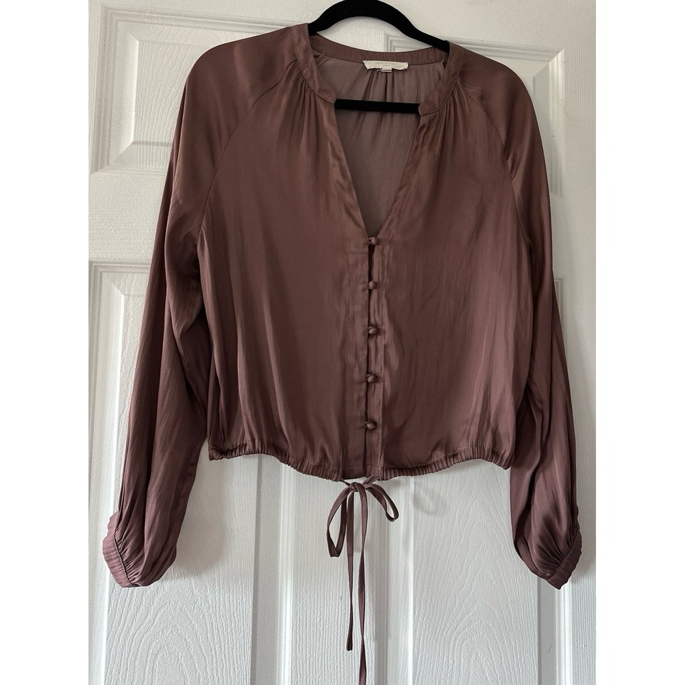 Grade & Gather Long Sleeve V-Neck Button Front Blouse - Brown / Mauve